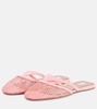 Patent leather-trimmed fishnet mules