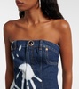 Printed strapless denim midi dress