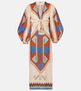 Printed tie-detail linen midi dress