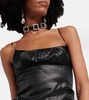 Laminated silk blend mini dress w/volant