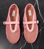 Patent leather-trimmed mesh flats