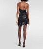 Laminated silk blend mini dress w/volant