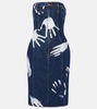 Printed strapless denim midi dress