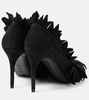 Petal ruffled suede pumps