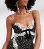Lace-trimmed polka-dot silk midi dress
