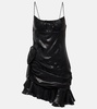 Laminated silk blend mini dress w/volant