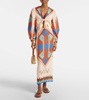 Printed tie-detail linen midi dress