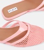Patent leather-trimmed fishnet mules