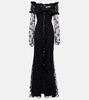 Bow-detail ruffled off-shoulder lace gown