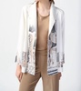 patchwork suede jacket with foil print accents in vanilla/multi