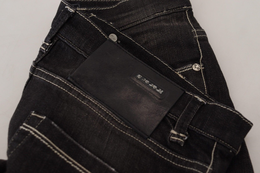 Black Washed Mid Waist Tapered Women Casual Denim Jeans