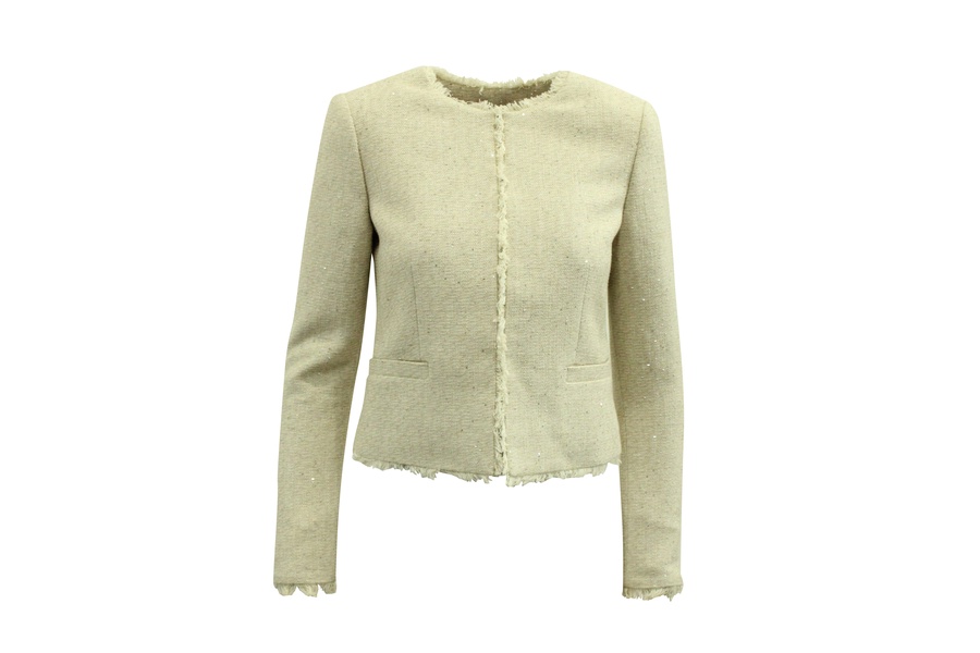 tweed jacket with frayed trim in ivory cotton
