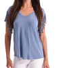stone wash cut out fringe beaded sleeve top in denim