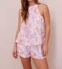shirred linen halter top in peach jardin print