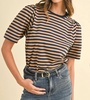 striped puff sleeve knit top in navy/camel