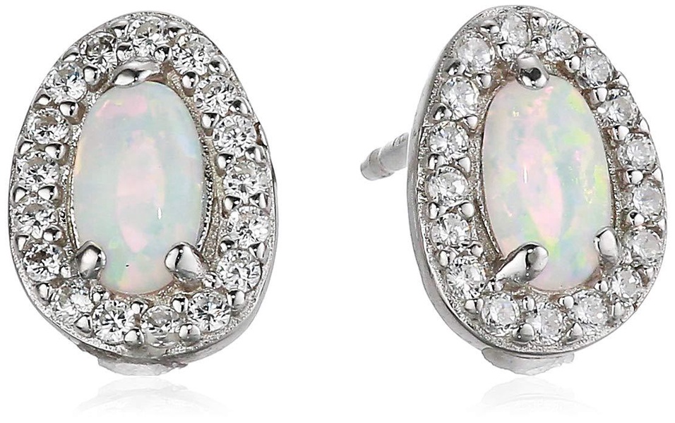 Amazon Essentials Rhodium Plated Sterling Silver Created Opal and Cubic Zirconia Halo Earrings, (previously Amazon Collection)