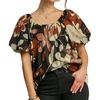 puff sleeve abstract print round neck top in rust mix