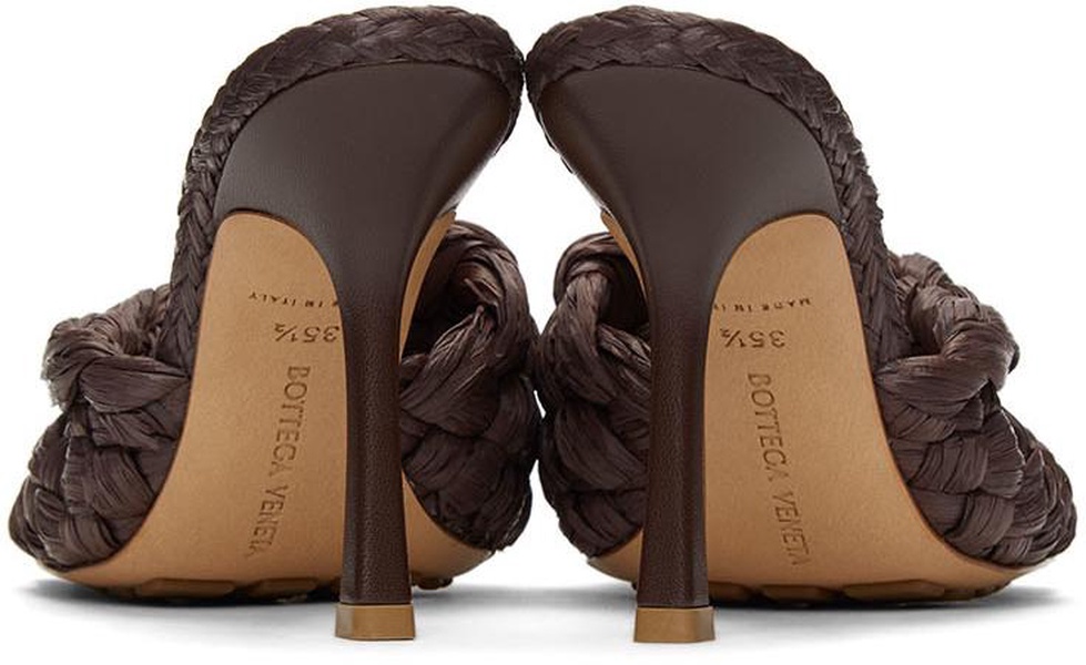 Brown Raffia Stretch Heeled Mules