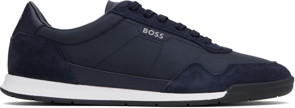 Navy Mixed-Material Lace-Up Sneakers