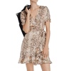 snake print ruffle wrap mini satin dress in beige