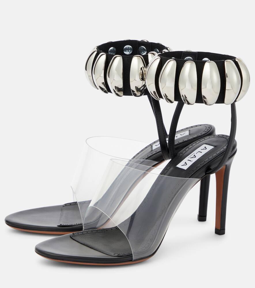 Embellished leather and PU sandals